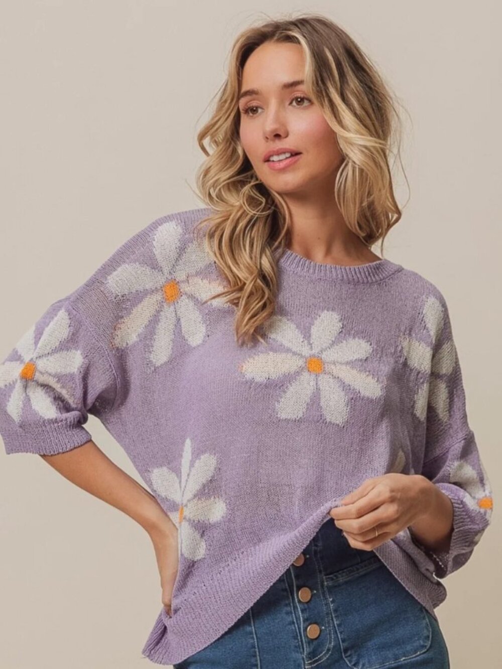 Lavender Floral Pattern Lightweight Sweater
